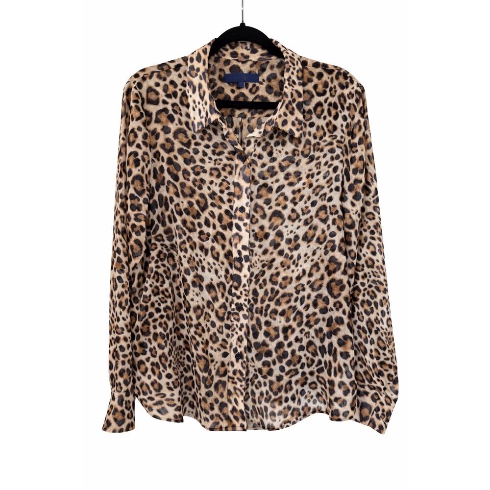 Leopard Print Sheer Blouse Womens Large Button Front Office Siren‎ Workwear Top